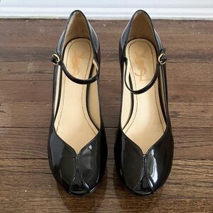 YSL Yves Saint Laurent Black Patent Leather Mary Jane Peep Toe Pump Heels